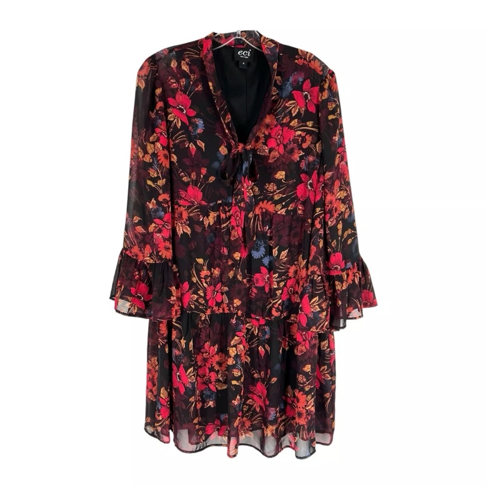 eci Tiered Dress Womens Size 4 Black Dark Floral Chiffon Lined V-Neck Flowy